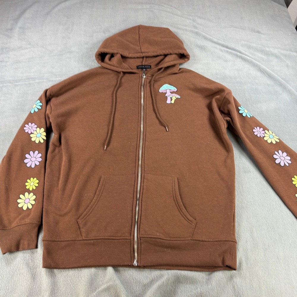 Faded Rose Brown Have a Nice Trip Mushroom Zip Up Hoodie Small Floral Sleeves